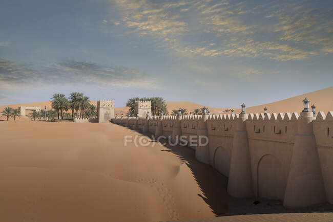 Grenzmauer des Wüstenresorts Qsar Al Sarab, Empty Quarter Desert, Abu Dhabi — Stockfoto