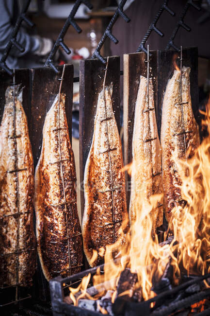 Fish cooking on open fire in street market, Basileia, Suíça — Fotografia de Stock