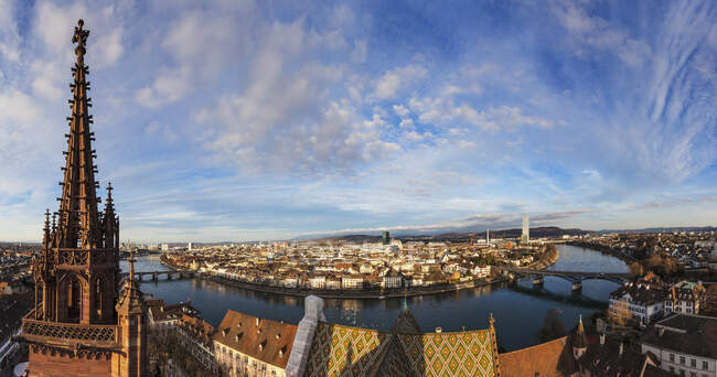 Munster church spire and high angle view of river Rhine, Basel — Stock Photo