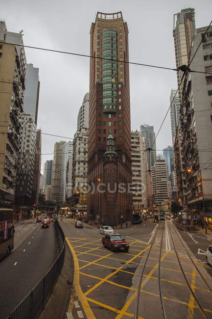 Paisaje urbano desde tranvía, centro de Hong Kong, China - foto de stock
