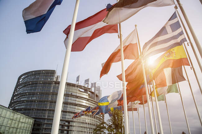 Bandeiras dos Estados-Membros, Parlamento Europeu de fundo, Estrasburgo, França — Fotografia de Stock