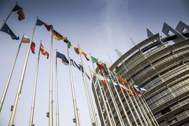 Прапори держав-членів, Європейського парламенту за походженням, Страсбурга — стокове фото