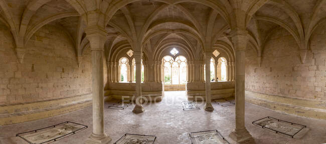 Panoramic image in Santes Creus monastery, Tarragona, Spain — Stock Photo
