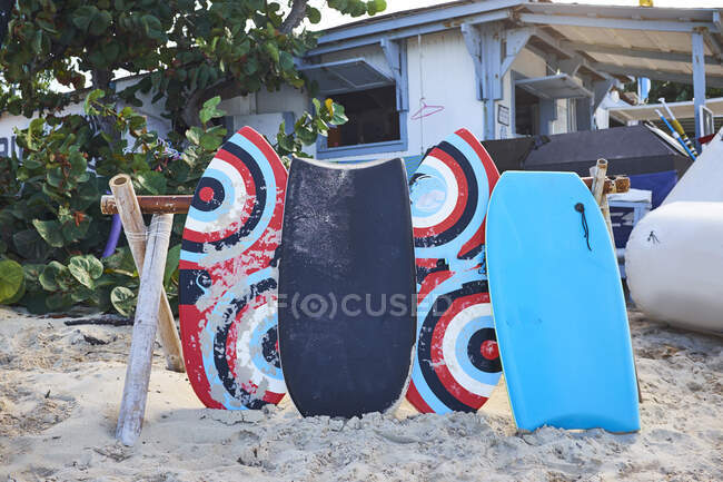 Row of bodyboards on beach, Saint Martin, The Caribbean — Stock Photo
