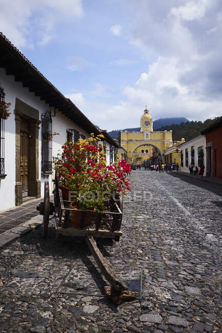 Panelas floridas em carrinho velho na rua de paralelepípedos, Antígua, Guatemala — Fotografia de Stock