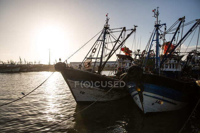 Barcos de pesca anclados en el puerto, Essaouira, Marruecos, África - foto de stock