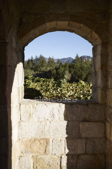 Arched stone window view of rural landscape, California, Stati Uniti d'America — Foto stock