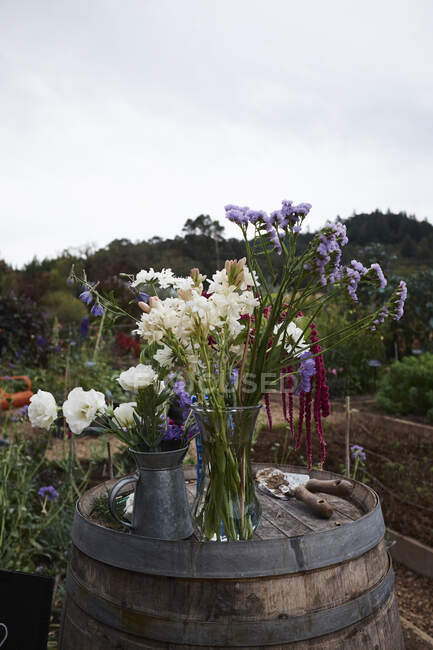 Vases of flowers on top of barrel in garden, California, USA — Stock Photo
