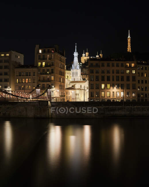 River Saone, Basilica of Notre-Dame de Fourviere and,  Eglise Sa — Stock Photo