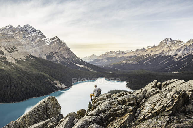 Hombre sentado, mirando a la vista, mirador con vistas al lago Peyto, - foto de stock