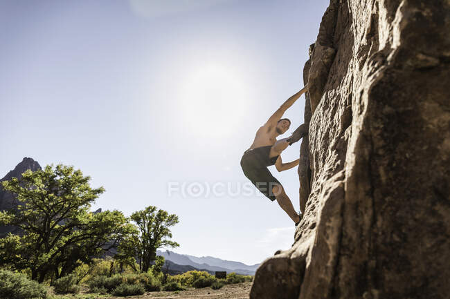 Man bouldering, climbing rock, Zion National Park, Utah, EUA — Fotografia de Stock