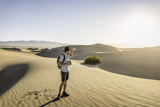 Homme aux jumelles, Mesquite Flat Sand Dunes, Death Valley Nati — Photo de stock