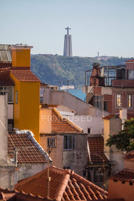 View of Sanctuary of Christ the King from above rooftops, Lisbon — Stock Photo