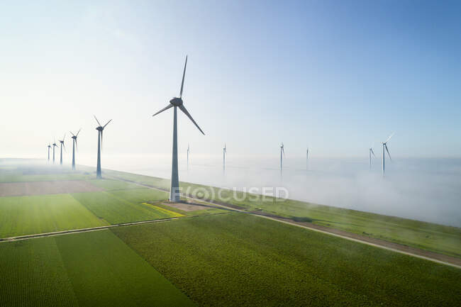 Turbinas eólicas offshore situadas em nevoeiro no interior da IJsselmeer — Fotografia de Stock
