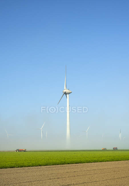 Turbine eoliche offshore in piedi nella nebbia sulla IJsselmeer interno — Foto stock