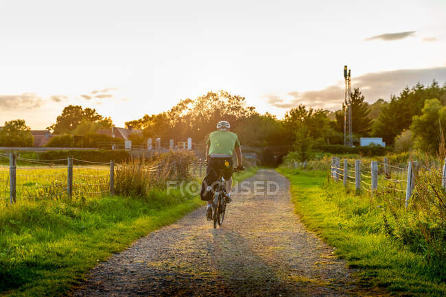 Homem de bicicleta de montanha no caminho rural, visão traseira — Fotografia de Stock