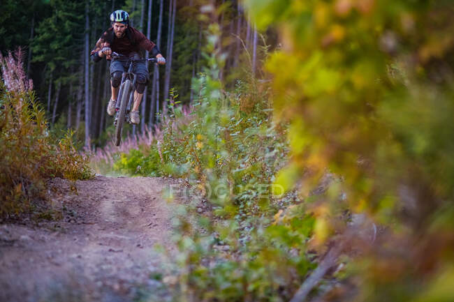 Homem na bicicleta de montanha no ar, Squamish, British Columbia, Can — Fotografia de Stock