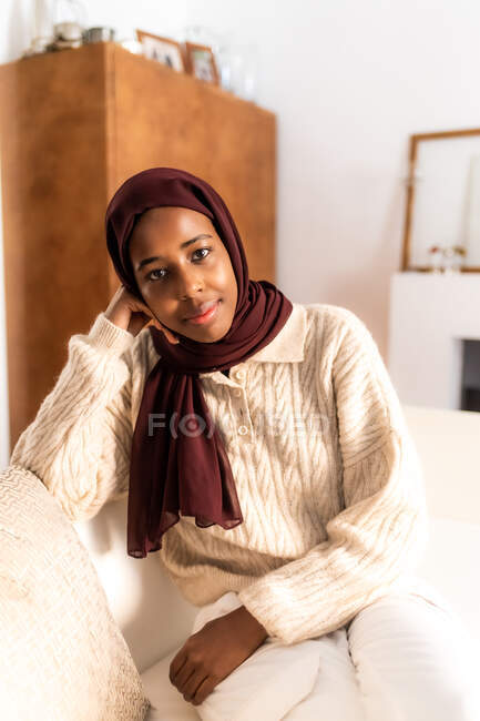 Portrait of young muslim woman at home — Stock Photo