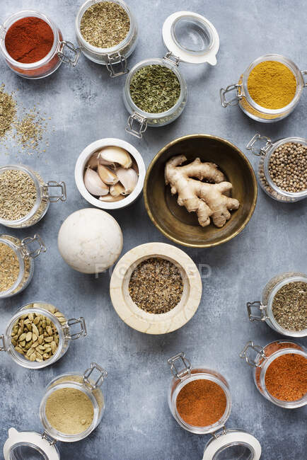 Spice jars with fresh ginger and garlic — Stock Photo