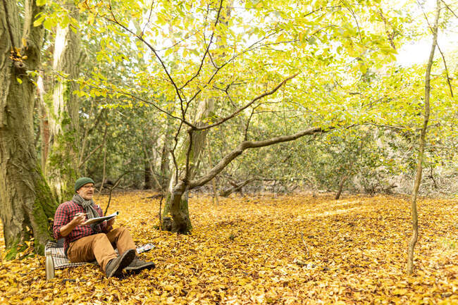 Großbritannien, London, Epping Forest, Mann malt in Herbstlandschaft — Stockfoto
