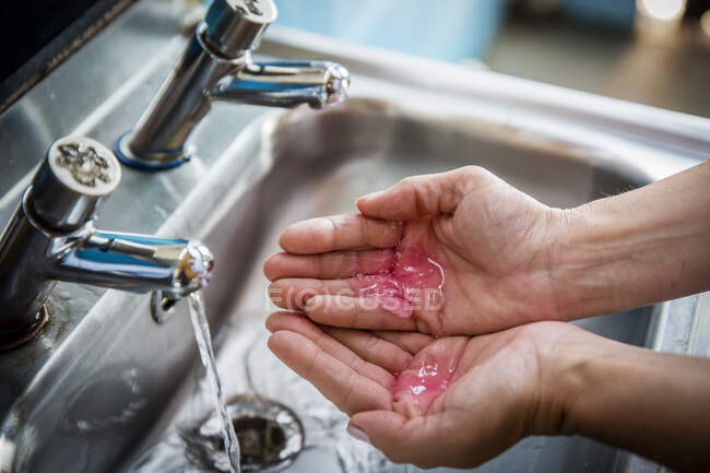 UK, England, Devon, Close-up of woman's hands with soap — Stock Photo