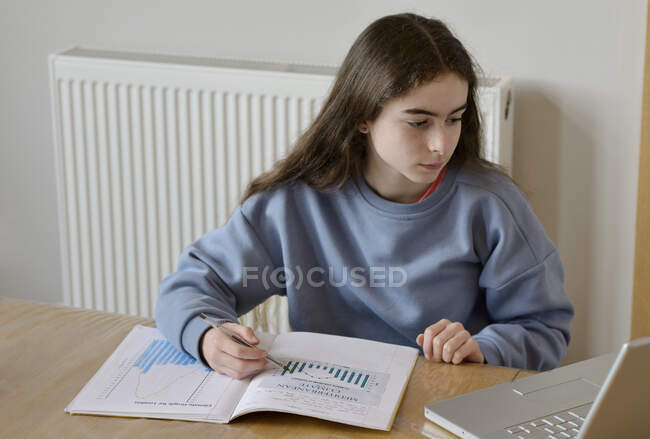 Young girl using laptop for homework — Stock Photo