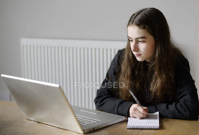 Muchacha joven usando el ordenador portátil en casa - foto de stock
