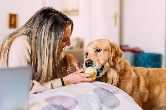 Italy, Young woman and dog playing at home — Stock Photo