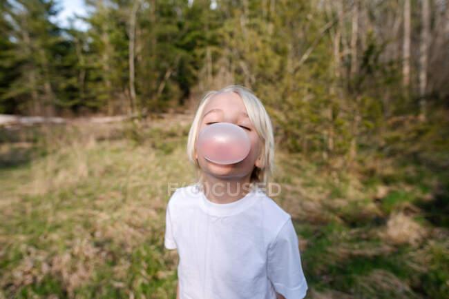 Canadá, Ontario, Kingston, Retrato de niño soplando goma de mascar en el bosque - foto de stock