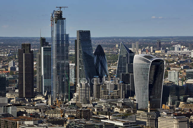 UK, London, City of London, Aerial view of skyscrapers in business district — стокове фото