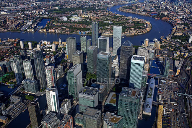 UK, London, Canary Wharf, Aerial view of skyscrapers in business district — стокове фото