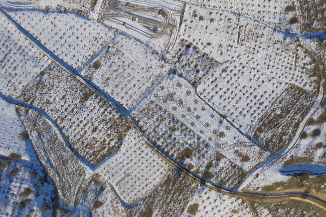 Turkey, Cappadocia, Aerial view of fields covered with snow — Stock Photo