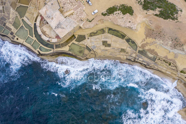 Malta, Gozo, Aerial view of Qolla l-Bajda salt pans — Stock Photo