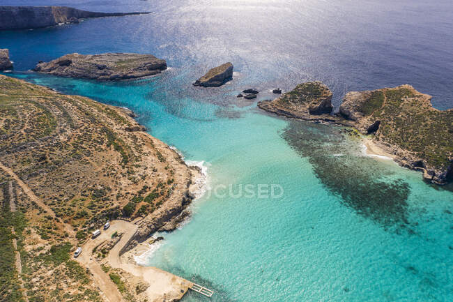 Malta, Gozo, Aerial view of lagoon in Comino Island — Stock Photo