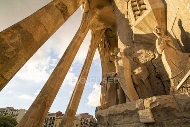 Spain, Barcelona, Low angle view of La Sagrada Familia cathedral — Stock Photo