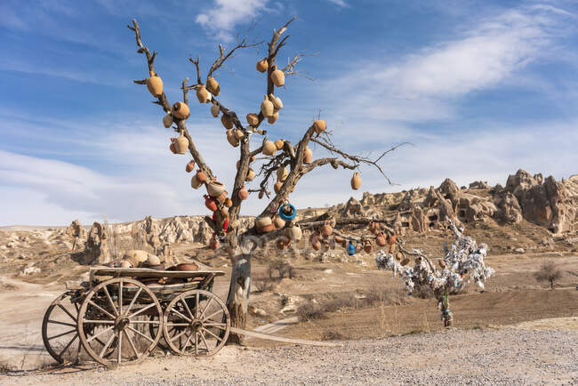Turkey, Cappadocia, Goreme, Wish tree and cart in barren landscape — Stock Photo
