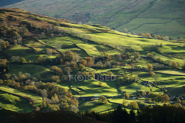 UK, Cumbria, Lake District, Green fields at dawn — Stock Photo