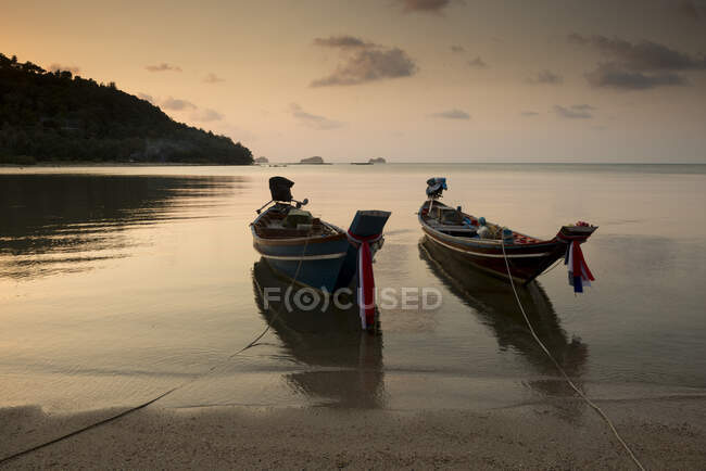 Таїланд, острів Ко Самуї, традиційні човни пришвартовані на пляжі під час заходу сонця. — стокове фото