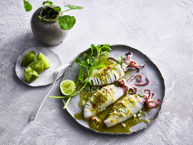 Bpla Muek Nang Ma Now - Tintenfisch mit Chili-Limette — Stockfoto