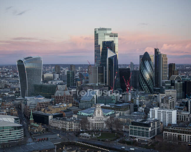 UK, London, Aerial view of The City skyscrapers at dawn — Stock Photo
