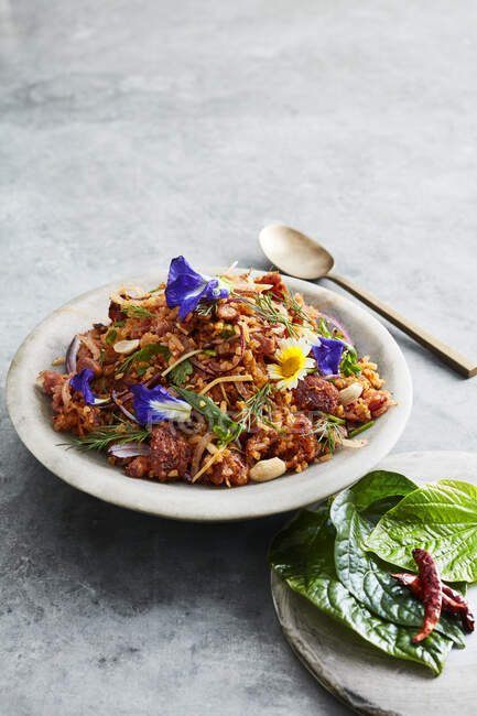 Студийный снимок Нам Као Тода, салат из свинины и риса — стоковое фото