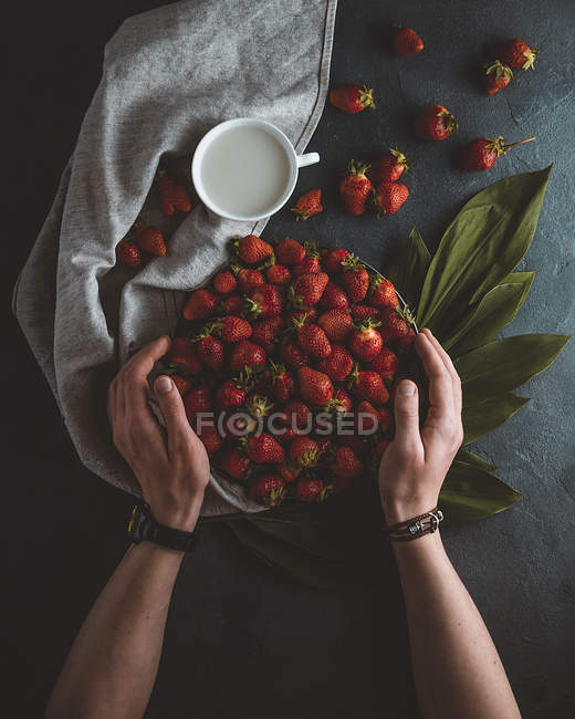 Hands holding plate with strawberries — Stock Photo