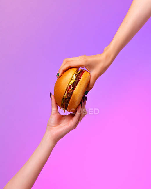 Cropped image of female hands holding burger against purple background — Stock Photo