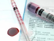 Blood test kit and and analysis results — Stock Photo