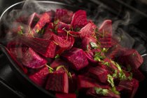 Diced beetroot in cooking pan. — Stock Photo