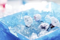 Tubos de muestra en recipiente con hielo en laboratorio . - foto de stock