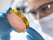 Científica femenina sosteniendo placa petri con cultivos biológicos peligrosos . - foto de stock