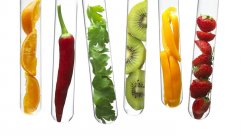 Obst und Gemüse im Reagenzglas. — Stockfoto