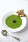 Healthy meal of chilled pea and spinach soup with grilled anchovy toast. — Stock Photo