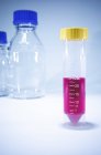 Primer plano del líquido rosa en el tubo de ensayo sobre la mesa con cristalería de laboratorio . - foto de stock